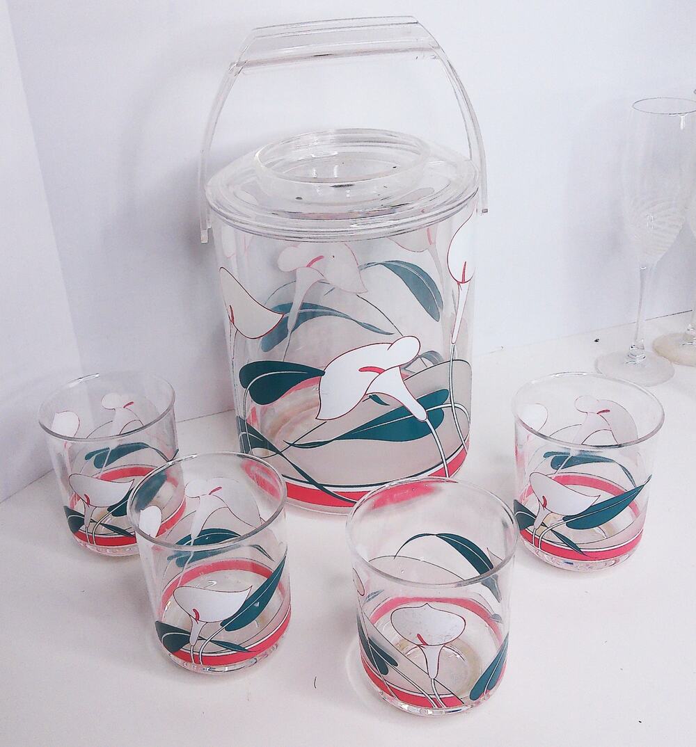 Vintage Culver Acrylic Ice Bucket Liner & 4 Calla Lily Whiskey Glasses Set
